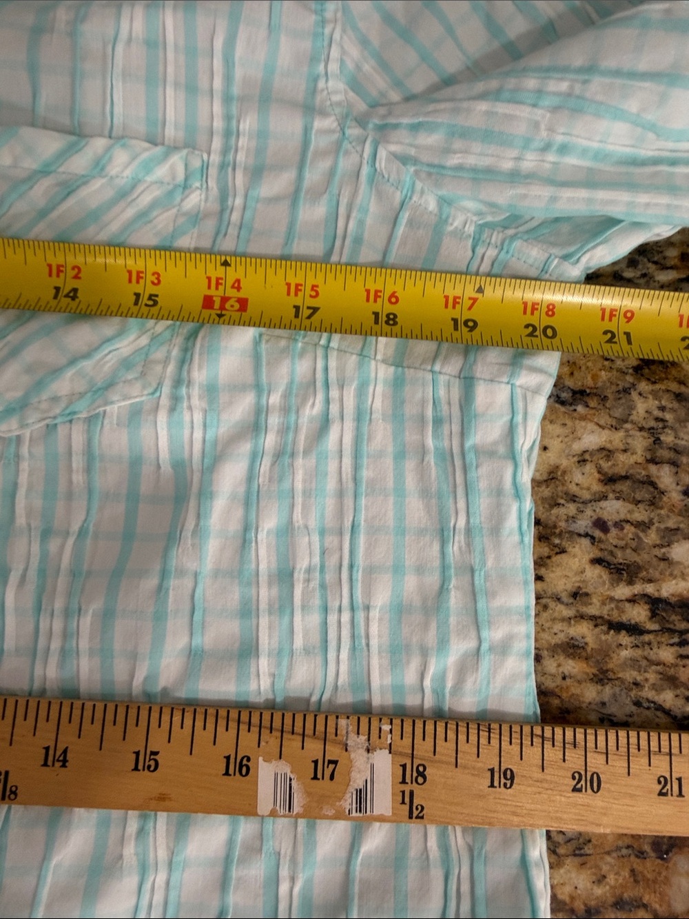 Foxcroft NYC Aqua Plaid Button Front Stretch Shirt 10P Petite 3/4 Sleeve Cotton - Picture 7 of 8